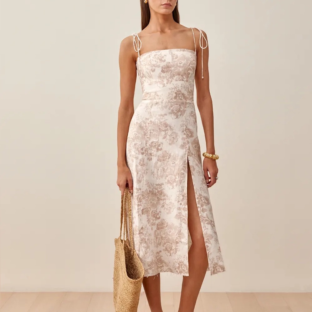 NWOT Reformation Liesel Floral Toile Linen Dress in Abalone (pink & cream/white)